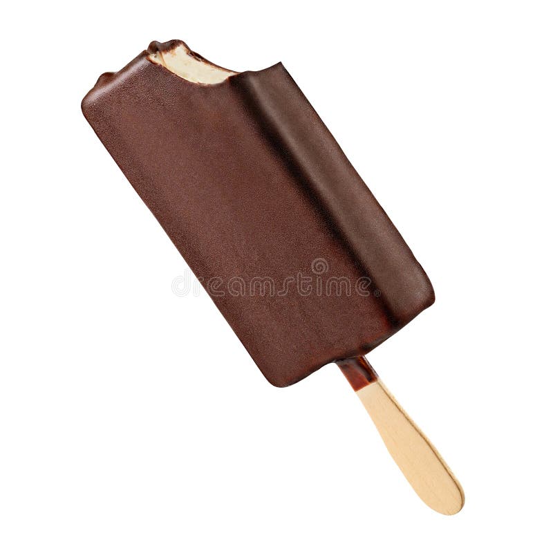 Bitten chocolate ice cream popsicle with dew isolated on white background. Сlipping path included